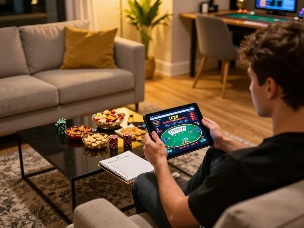 A player engages in online gaming at LC88, immersed in a poker game on a tablet.