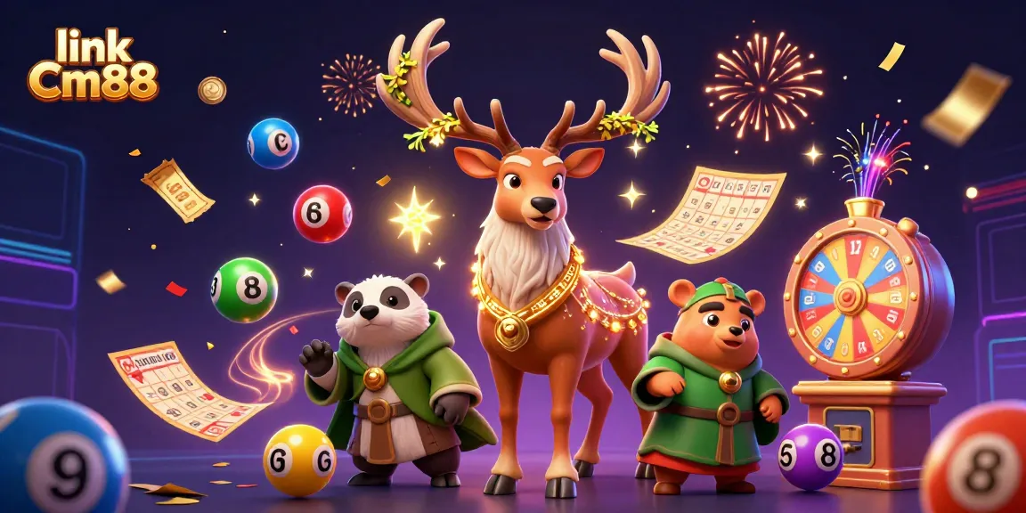 Engage with link Cm88 through a vibrant 3D casino scene showcasing dynamic lottery elements and enchanting characters.