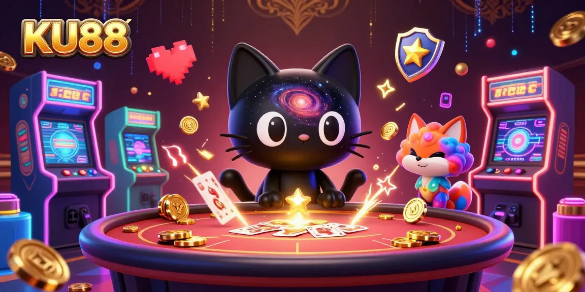 Engage in the cosmic delights of KU88 with a vibrant 3D casino illustration showcasing a captivating cat and fox.