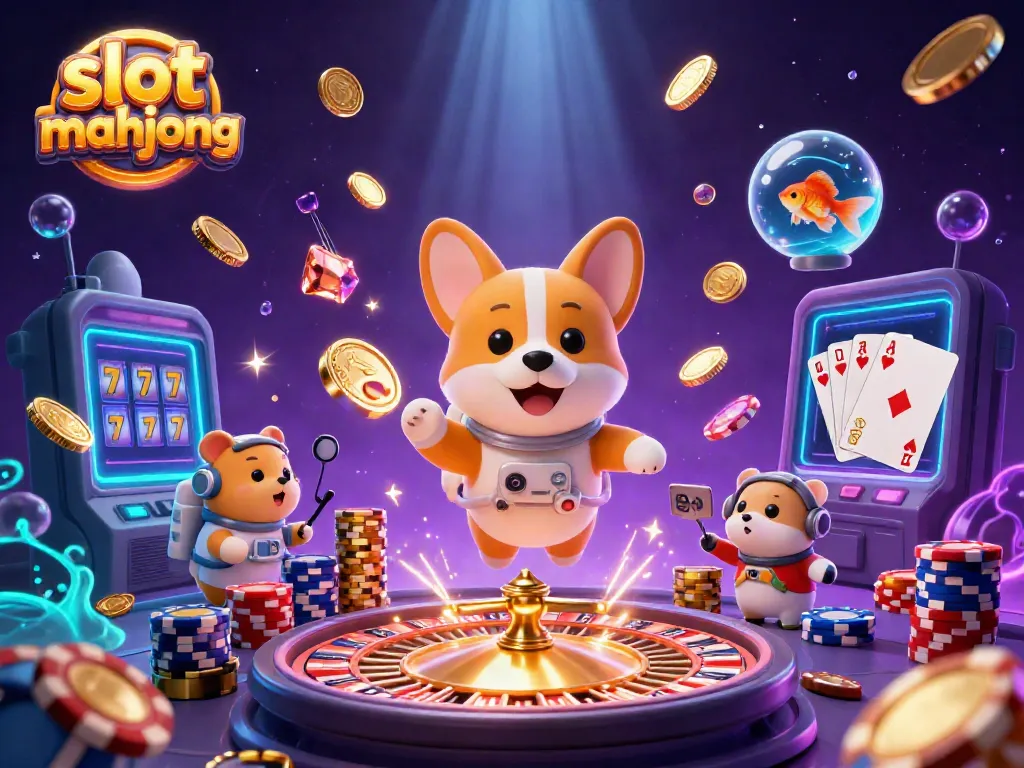 Bermain slot mahjong di ruang kasino luar angkasa dengan karakter 3D yang imut dan elemen kasino berkilau.