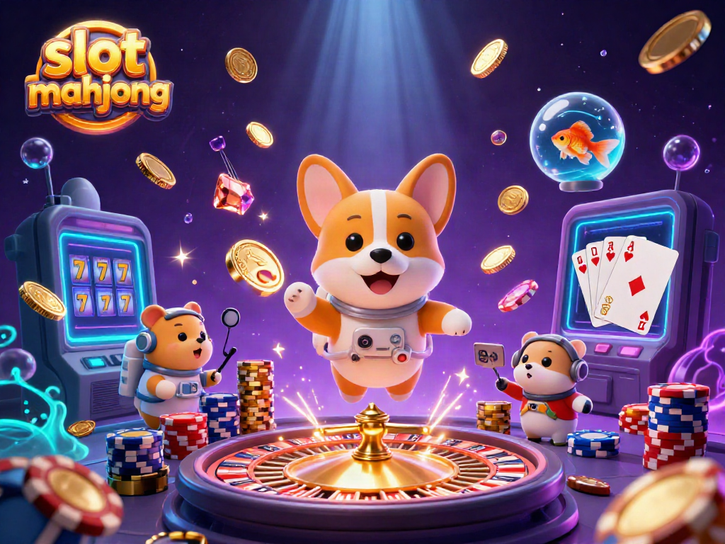 Bermain slot mahjong di ruang kasino luar angkasa dengan karakter 3D yang imut dan elemen kasino berkilau.