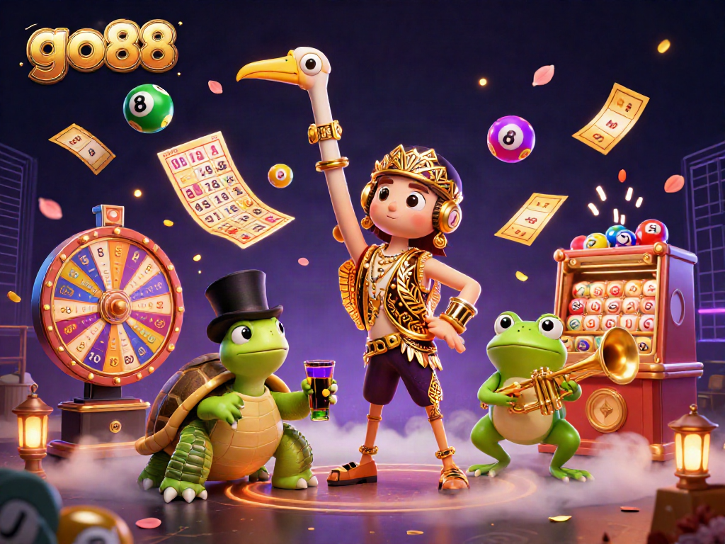 Engage in thrilling games and strategies at go88 casino, with vibrant lottery elements and colorful characters.
