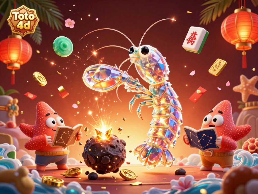 Toto 4d showcases a vibrant galactic scene with a mantis shrimp and starfish amidst gems, coins, and festive elements.