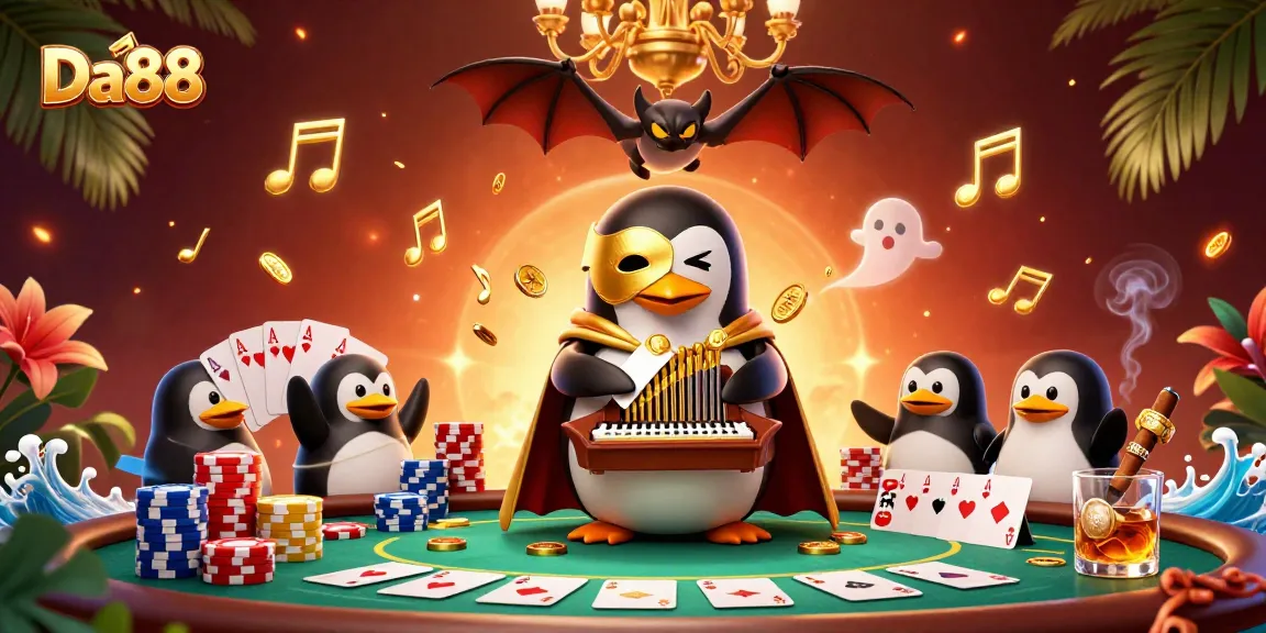 Engage in thrilling gameplay at Da88 with a vibrant casino scene featuring a phantom opera penguin.