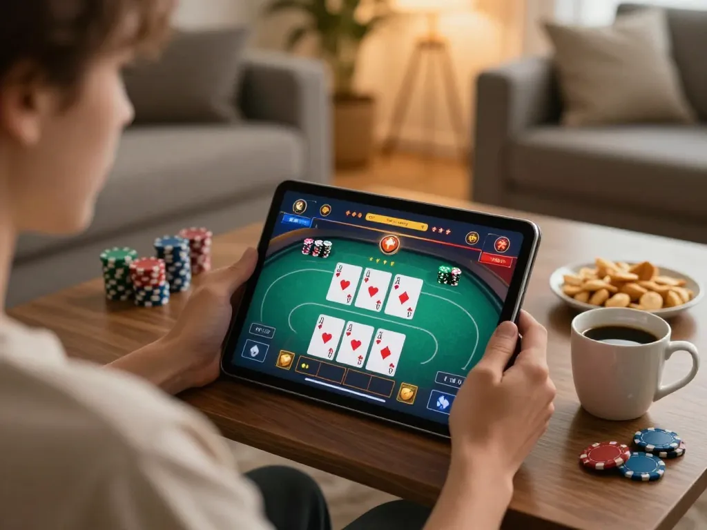 Engaging poker gameplay on okfun app in a cozy home setting with warm ambiance.