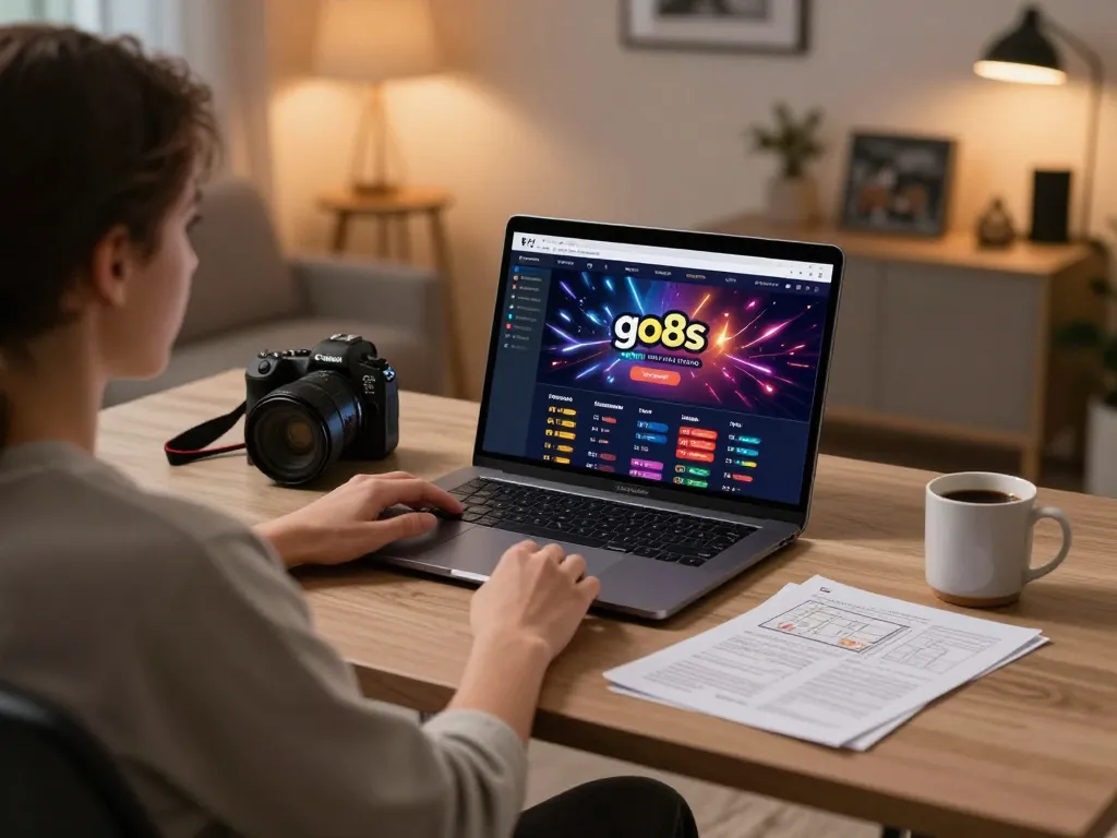 Person engaging in strategic gameplay on the go8s online casino platform in a cozy home setting.