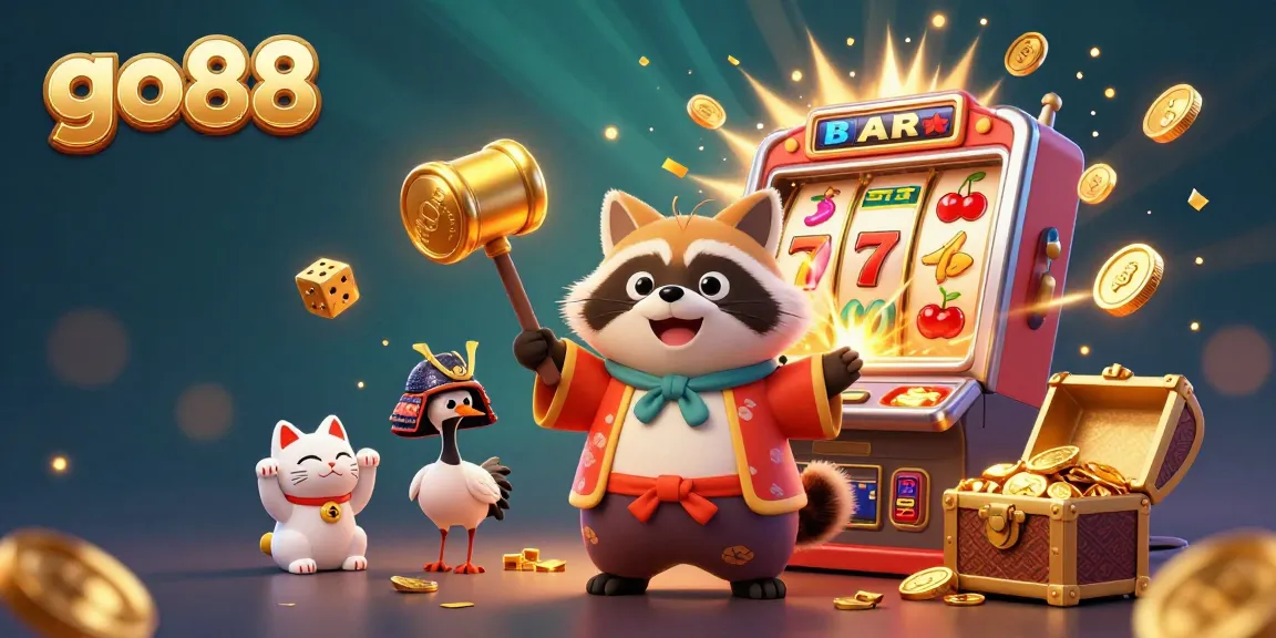 Winning big at go88 with cheerful tanuki, colorful cats, and dynamic slot machine explosion