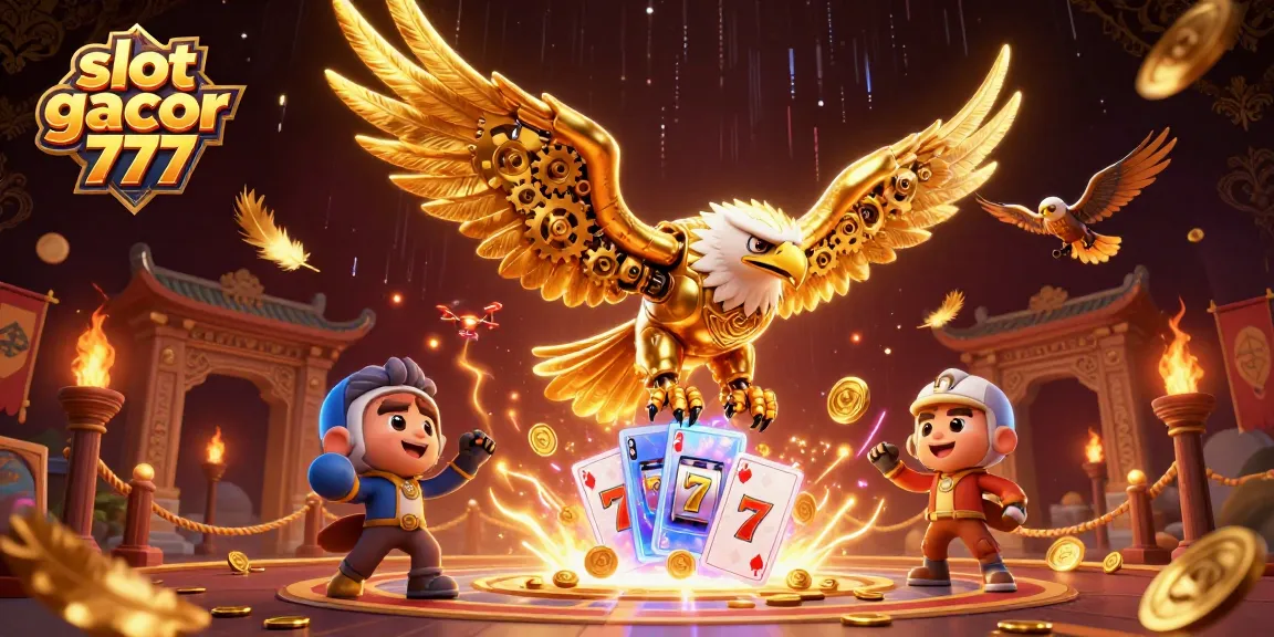 Experience the thrill of slot gacor 777 with animated golden eagles among cascading slot reels and vibrant casino elements.