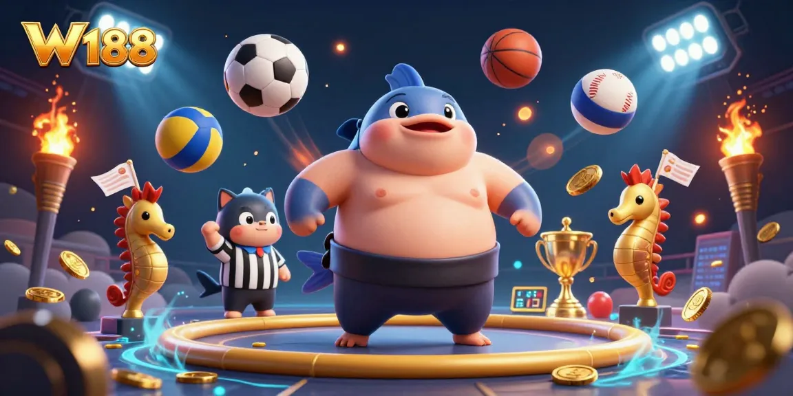 Engage with the excitement of W188's underwater gambling arena featuring dynamic characters and vibrant casino elements.