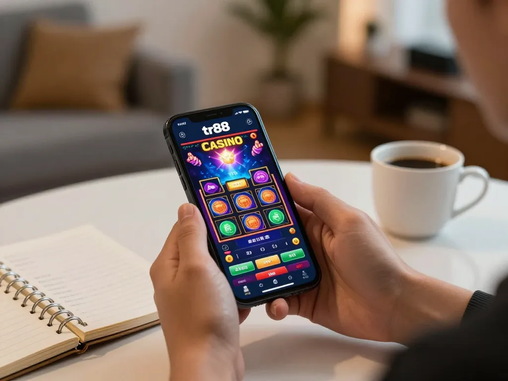 Play tr88 games on mobile app, showcasing vibrant casino graphics and strategic gameplay tips.