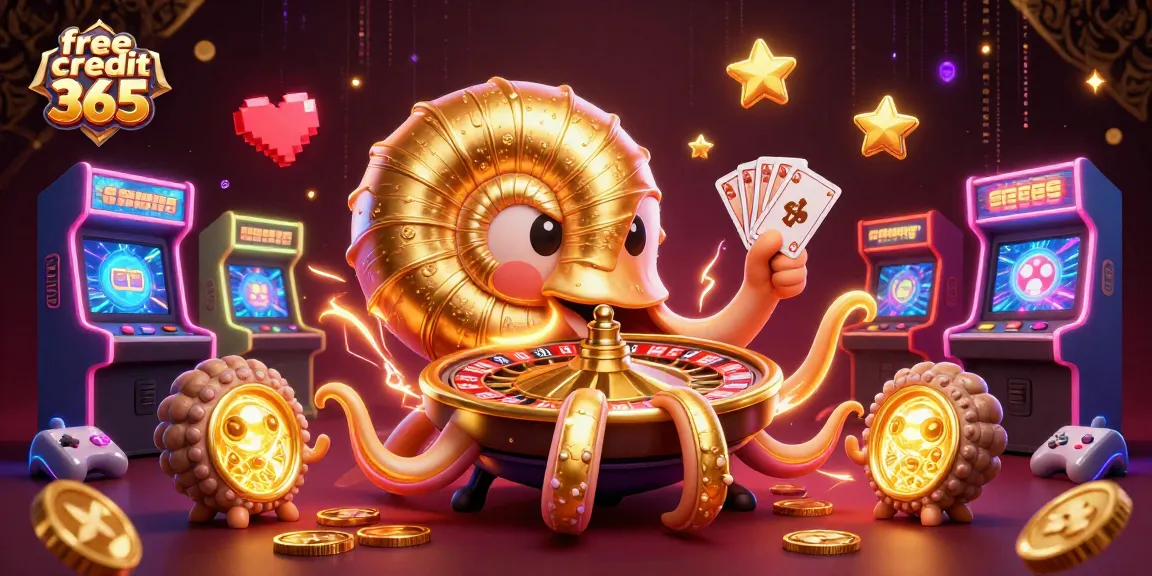 Experience gaming excitement with free credit 365, featuring the ancient nautilus and golden wheel elements in a vibrant casino scene.