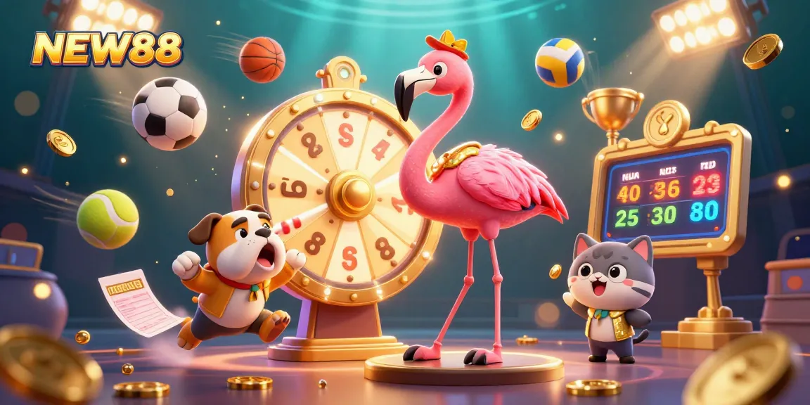 Experience excitement at NEW88 with a lively game show scene featuring a flamboyant host, jubilant bulldog, and scoreboard cat.