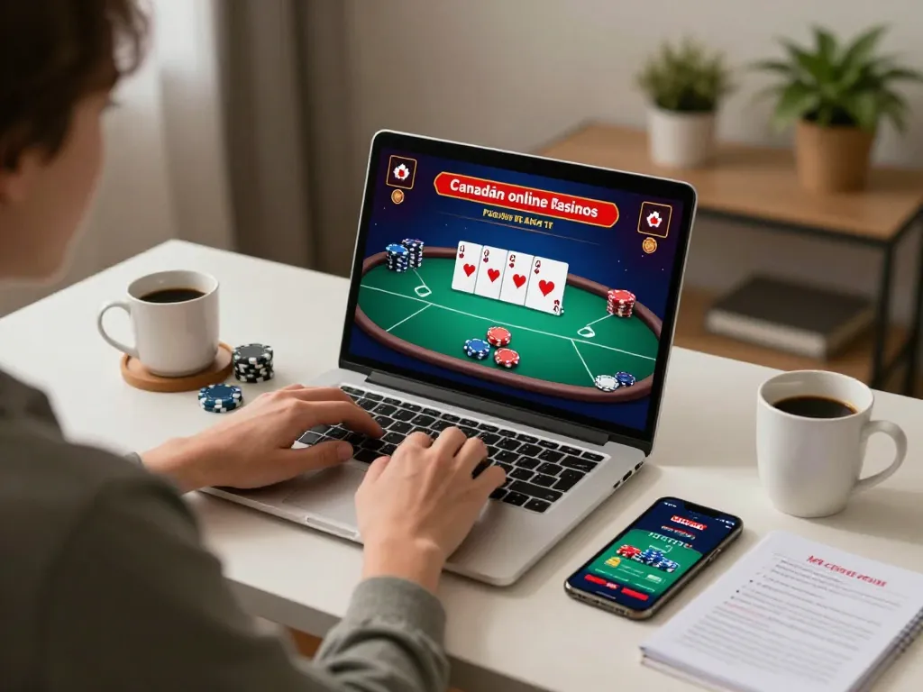 Engaging gameplay with a laptop for Canadian online casinos showcasing a poker game screen.