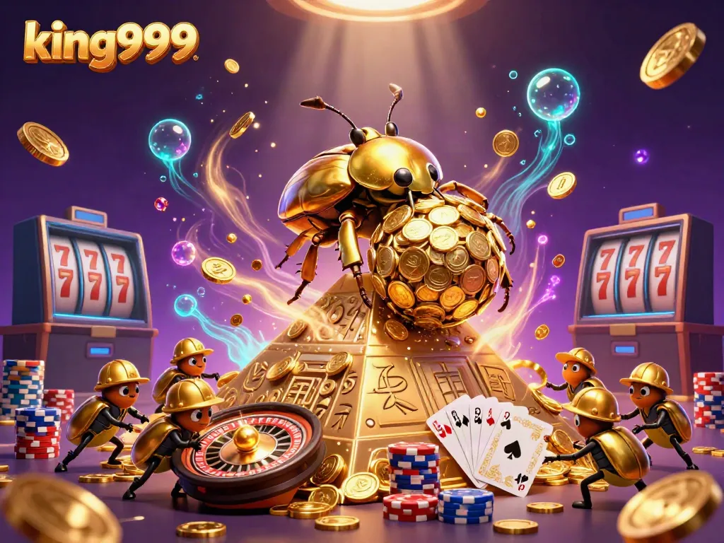 Gulung koin emas besar di kasino King999 dengan simbol bertema slot dan permainan kartu.