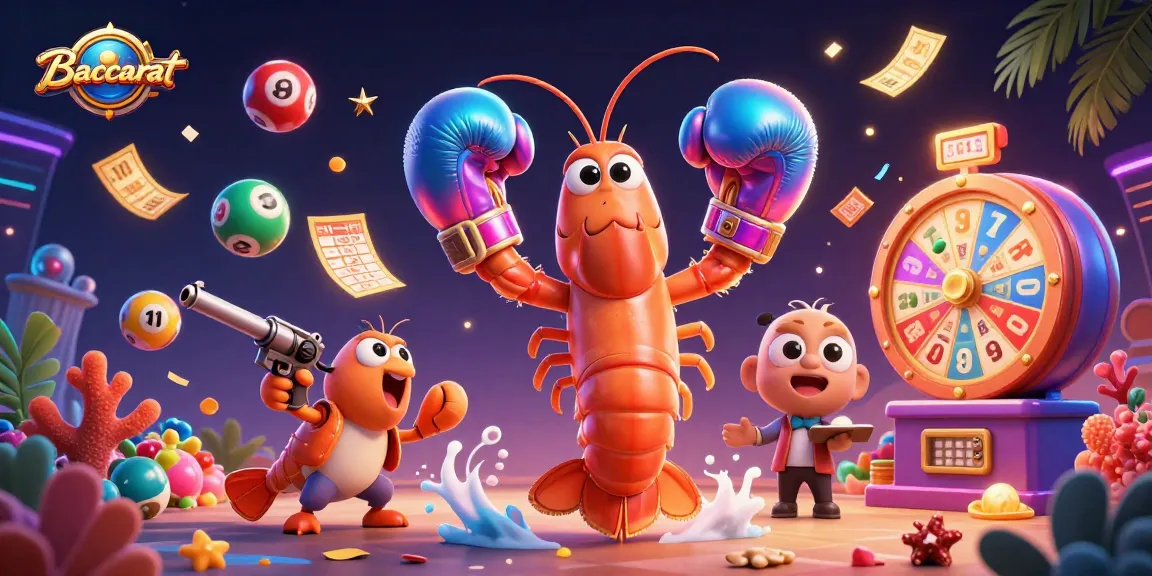 Baccarat game illustration featuring a vibrant scene with shrimp characters, lottery elements, and dynamic casino graphics.
