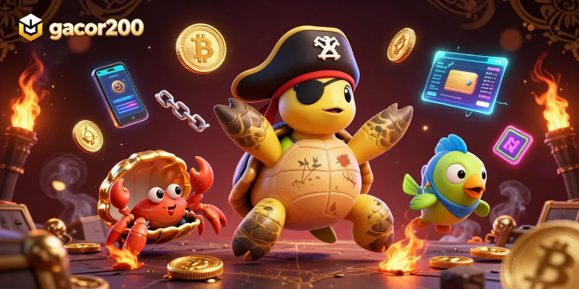 Experience gacor200 with a thrilling pirate-themed casino scene featuring treasure and crypto elements.