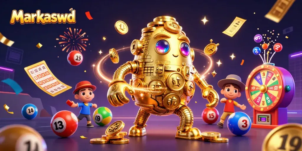 Win big with Markaswd as golden golem, lottery balls, and vibrant prizes create excitement.