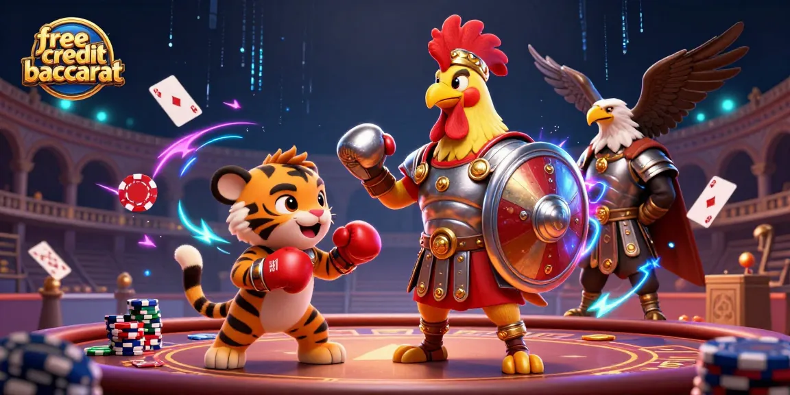 Experience free credit baccarat action in a lively casino scene with our cartoon gladiator rooster character.