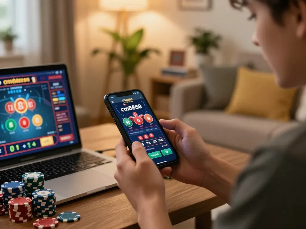 Engaged user analyzing gaming options on cm8888 mobile app in a cozy living room setup.