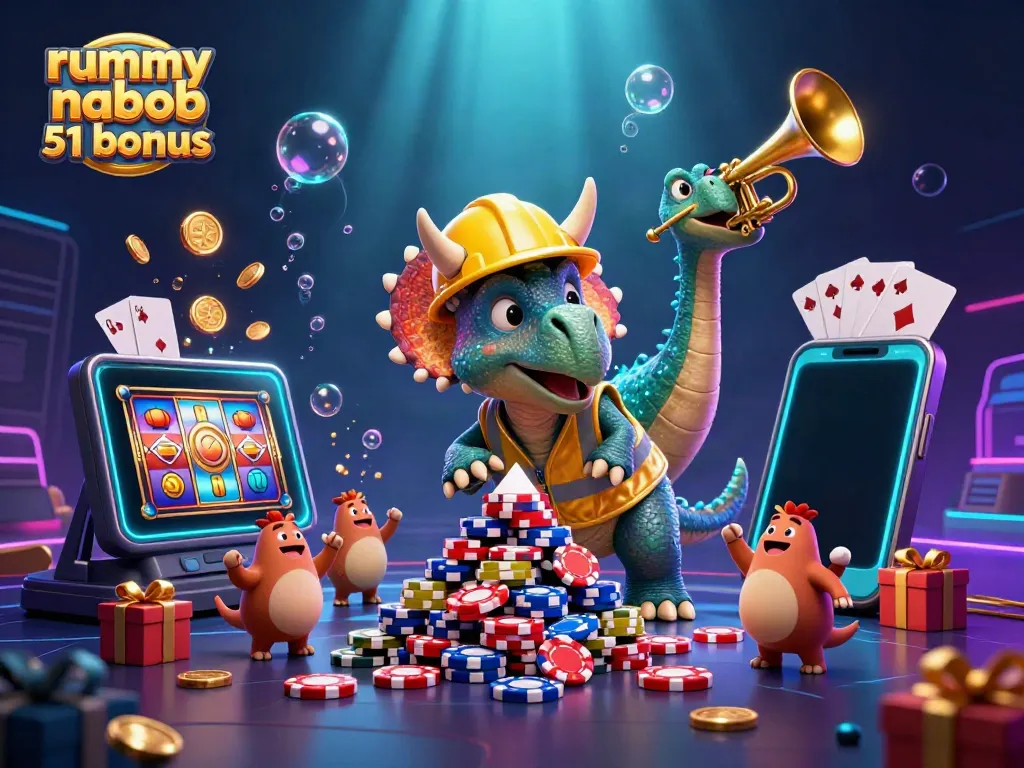 Permainan rummy nabob 51 bonus dengan triceratops dan parasaurolophus dalam ilustrasi 3D yang kaya warna.