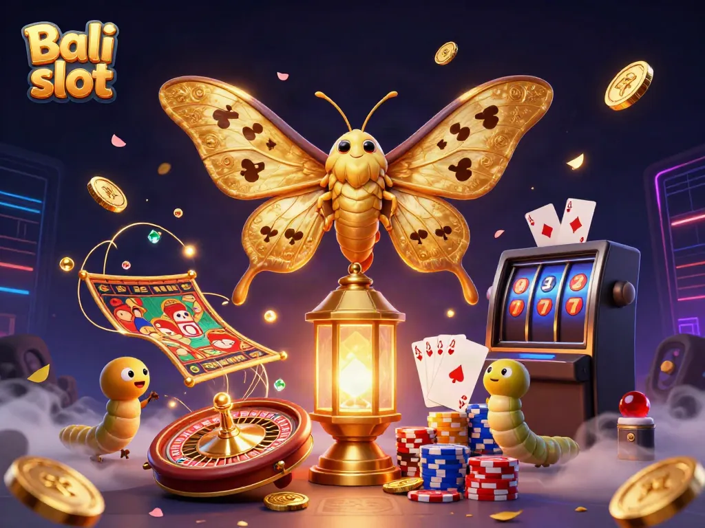 Experience thrilling gameplay with Bali slot in a captivating 3D illustration featuring golden moths, coins, and vibrant casino elements.