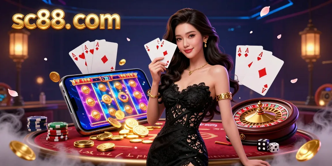 A vibrant 3D casino illustration featuring sc88. com with an elegant Asian woman holding playing cards amidst colorful slot games and casino elements.