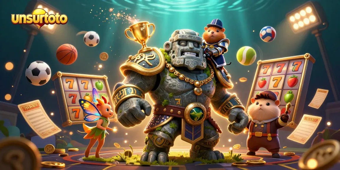 Join the action at Unsurtoto with epic jackpots and winning slots in this vibrant 3D illustration.