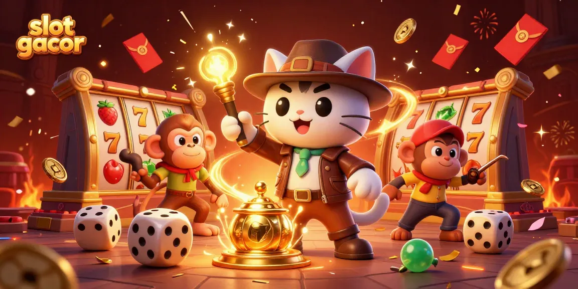 Engage with thrilling slot gacor adventures featuring a cat archaeologist and festive casino elements.