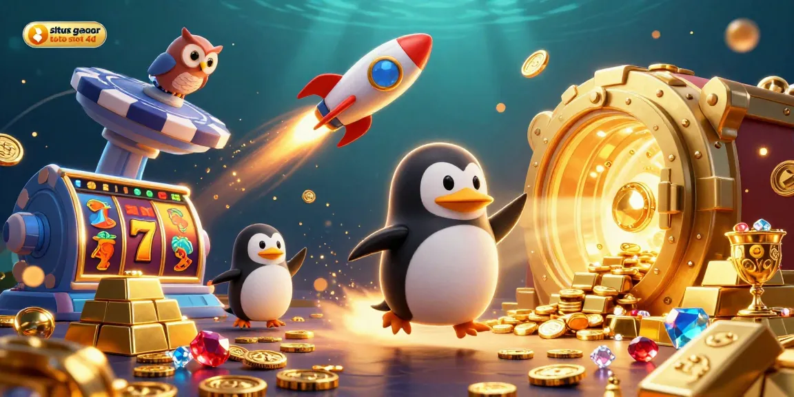 Experience the excitement of situs gacor toto slot 4d with a vibrant visual featuring a dynamic 3D penguin and slot symbols.