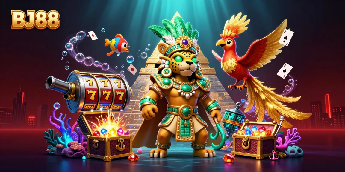 Engage in thrilling casino action with BJ88, featuring vibrant jaguar and quetzal characters amidst colorful slot elements.