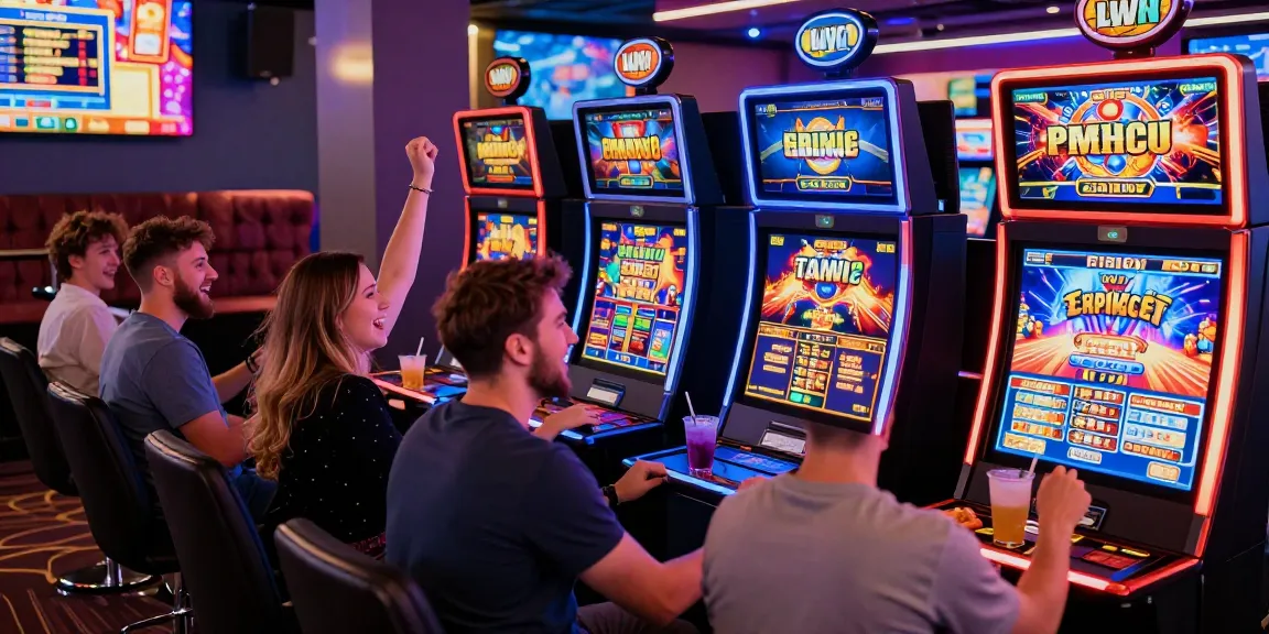 Exciting atmosphere in new online casinos in the UK, players enjoying diverse slot games with vibrant lighting and social interaction.
