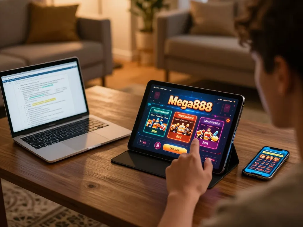 Tutorial mega888 in action as a player enjoys a home gaming experience with strategic notes.