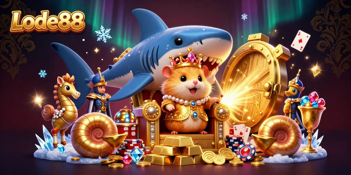 Lode88 offers thrilling casino gameplay featuring a golden hamster king surrounded by treasures and gaming elements.