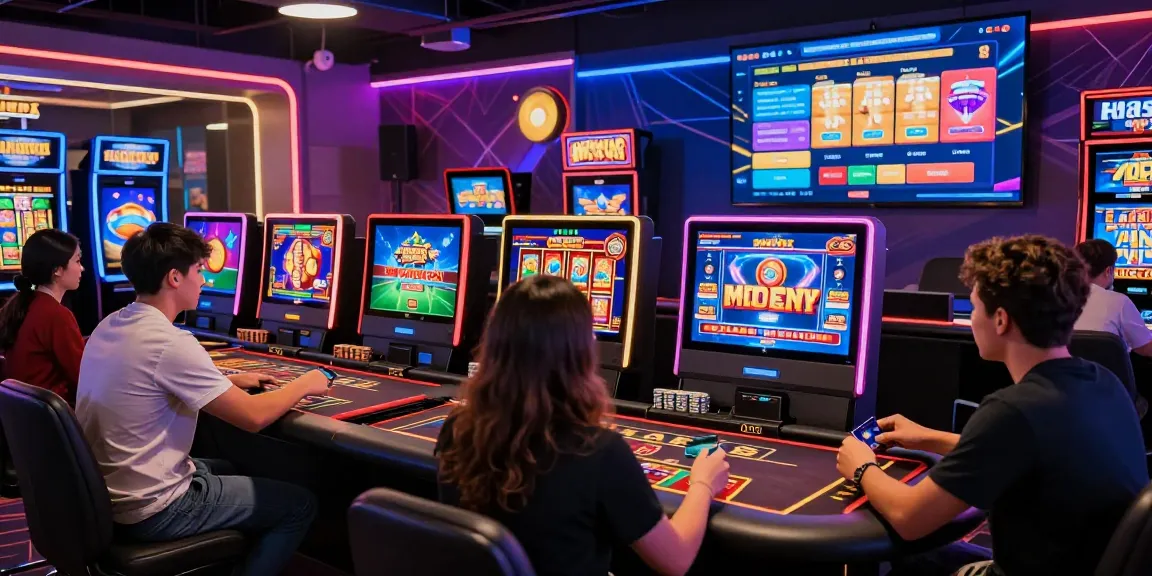 Dynamic scene at credit card casinos UK, showcasing players with cards, diverse games, and vibrant neon lights.