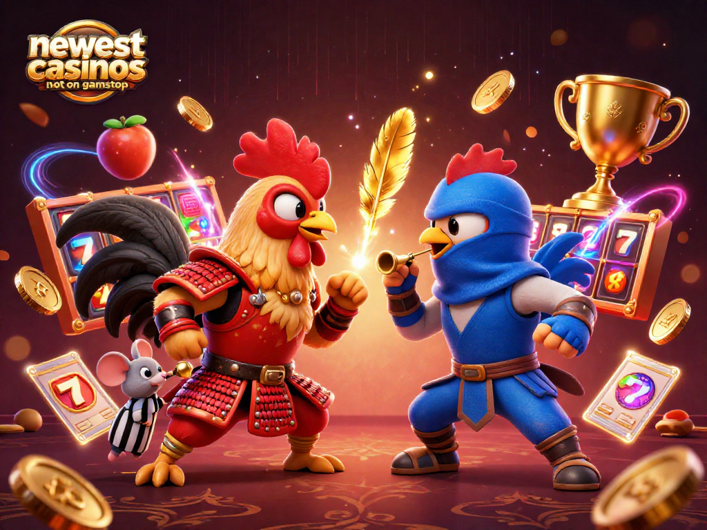 Dynamic scene featuring twin fighting roosters showcasing the newest casinos not on gamstop with exciting gambling themes.