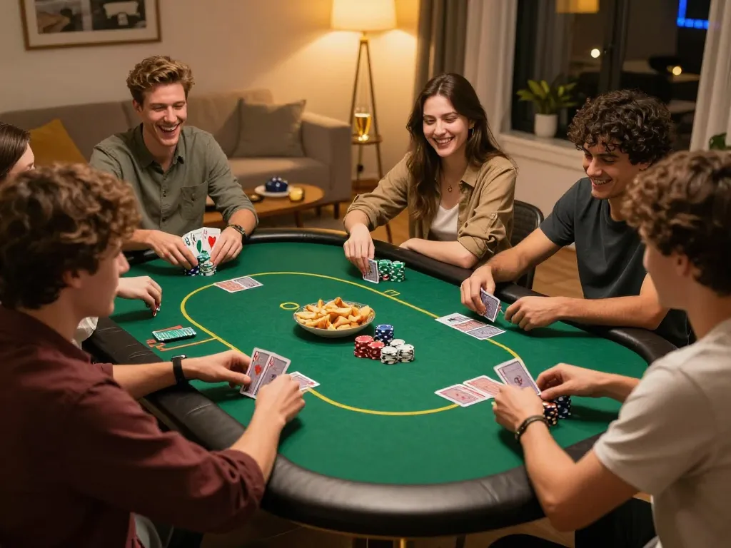 Enjoying a thrilling poker game with friends while watching ดูหนังใหม่ at home, vibrant social atmosphere.