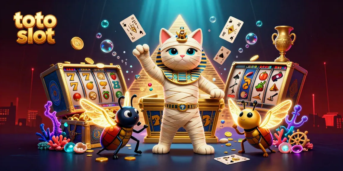 Spin and win with toto slot in this vibrant 3D casino scene featuring a mummy cat and scarab.