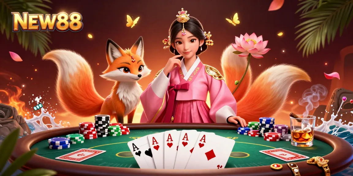 Experience the thrill of poker at NEW88 with vibrant characters and dynamic casino elements.