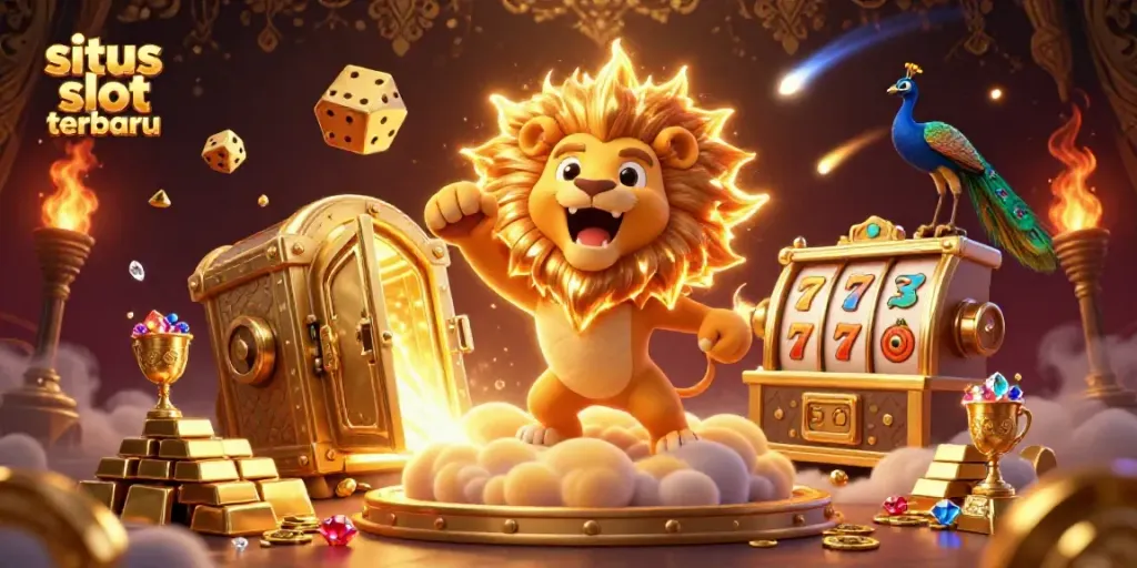 Visualisasi situs slot terbaru dengan singa ceria dan elemen kasino yang kaya di latar belakang.