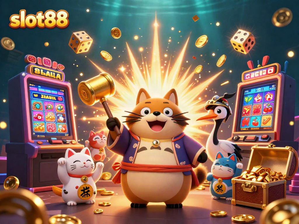 Memenangkan jackpot di slot88 dengan karakter ceria dan elemen kasino menarik.