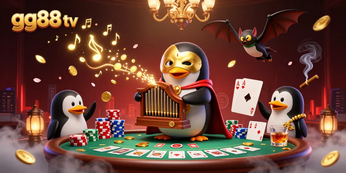 Engage in excitement with gg88 tv as a whimsical penguin plays a golden pipe organ amidst vibrant casino action.