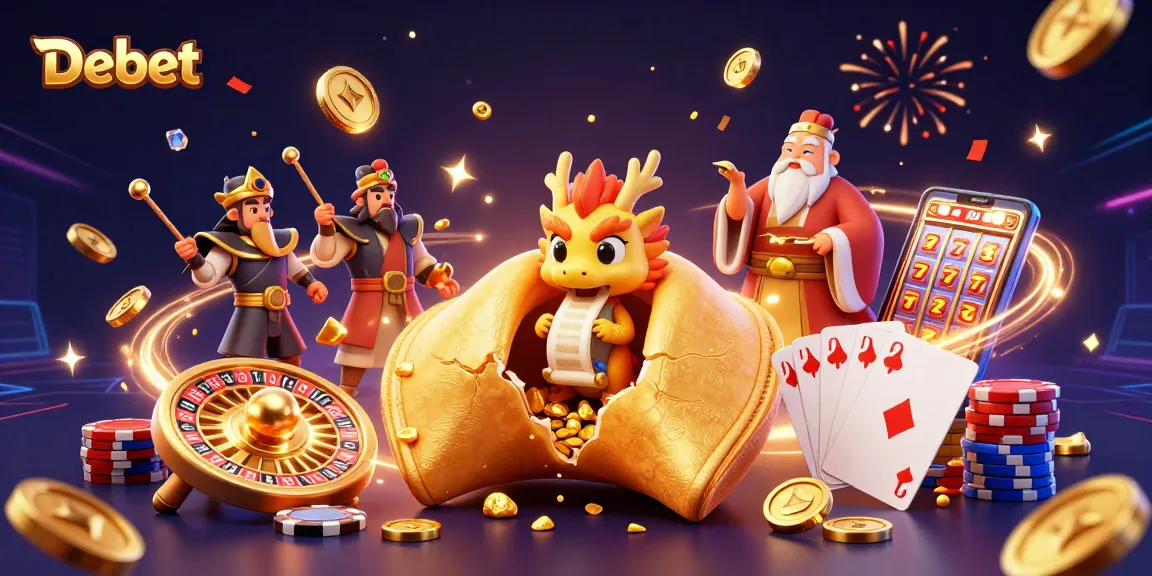 Experience thrilling Debet gaming with a vibrant 3D casino illustration featuring a golden fortune cookie and wise dragon.