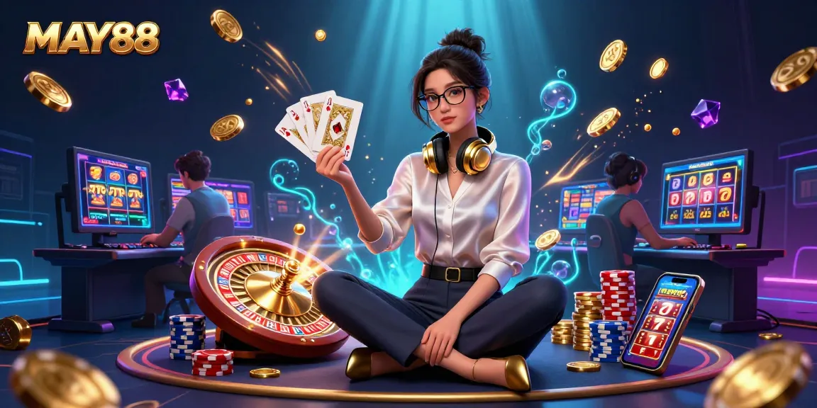 MAY88 casino setup with vibrant slot games, golden coins, and a professional gamer atmosphere
