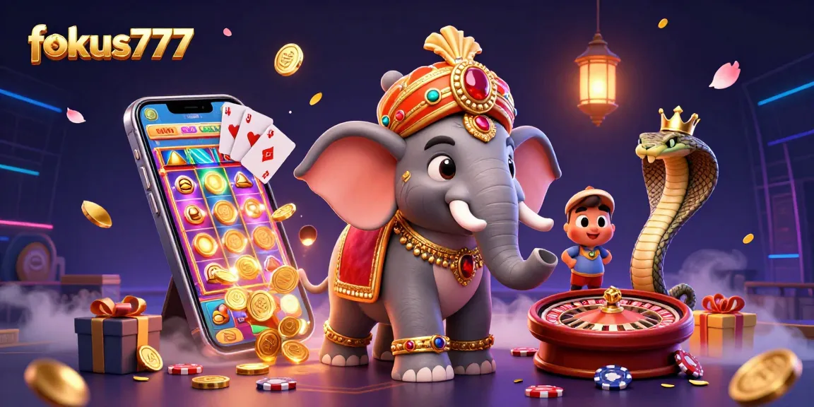 Experience thrilling wins with fokus777 in an ultra-detailed illustration featuring vibrant casino elements.