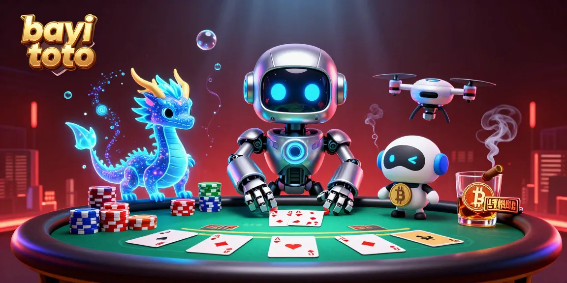 Engage with bayi toto at an electrifying poker scene featuring a futuristic robot, AI dragon, and bitcoin drone.