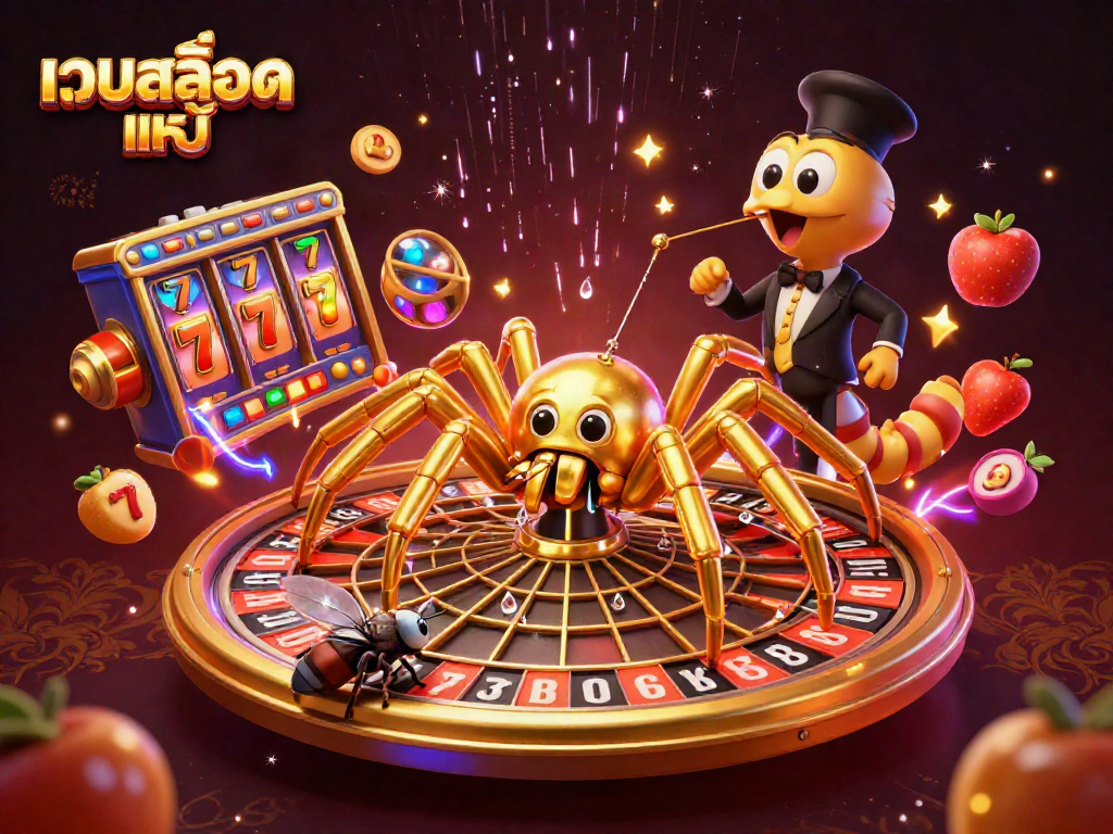 Engage in เว็บสล็อตแท้ with thrilling slot reels, golden spider, and electrifying casino elements for immersive gameplay.