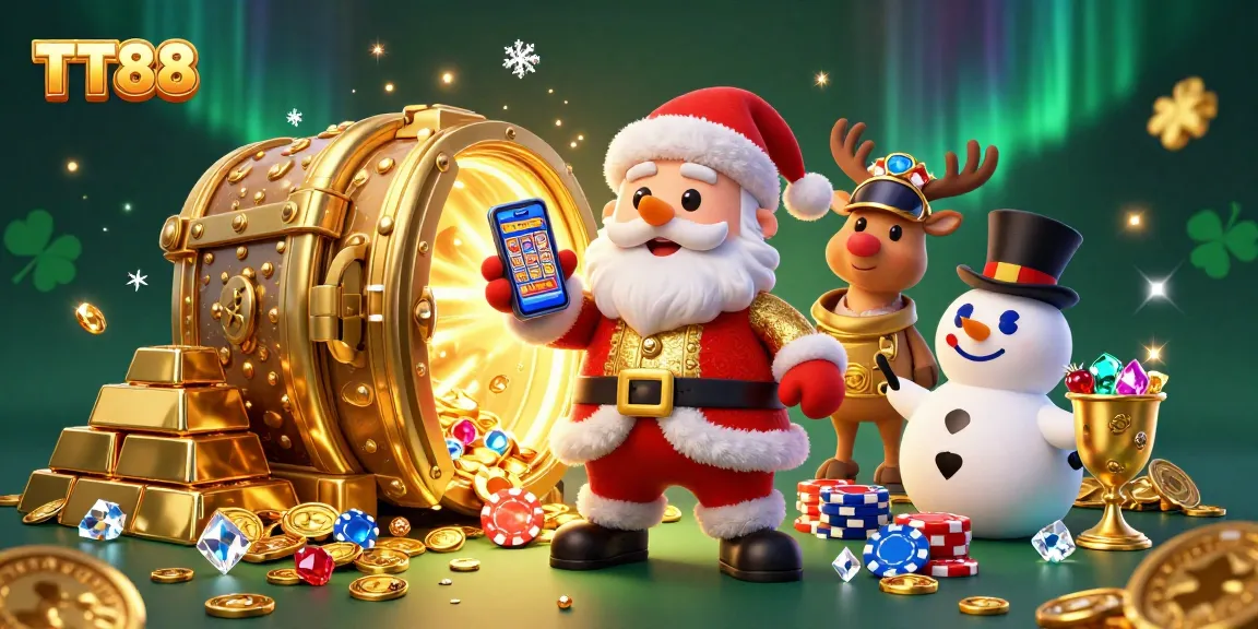 Experience the excitement at TT88 with Santa, reindeer, and snowman in a vibrant casino scene.
