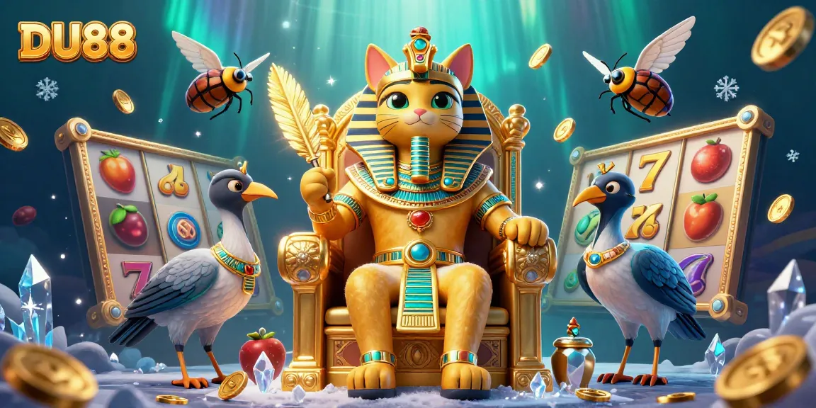 Experience DU88 with a pharaoh cat and ibis scribe spinning slots in a vibrant casino scene.