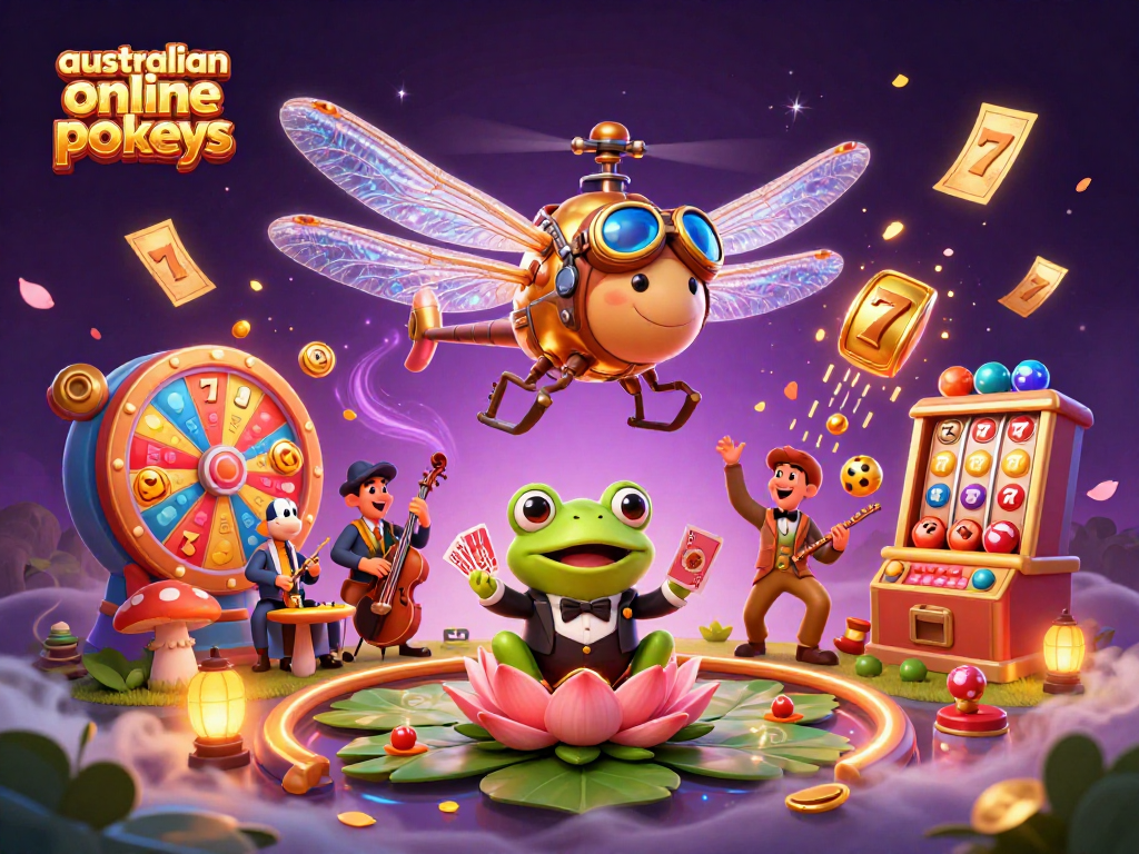 Experience thrilling australian online pokies action with a dragonfly pilot, frog croupier, and vibrant game elements.