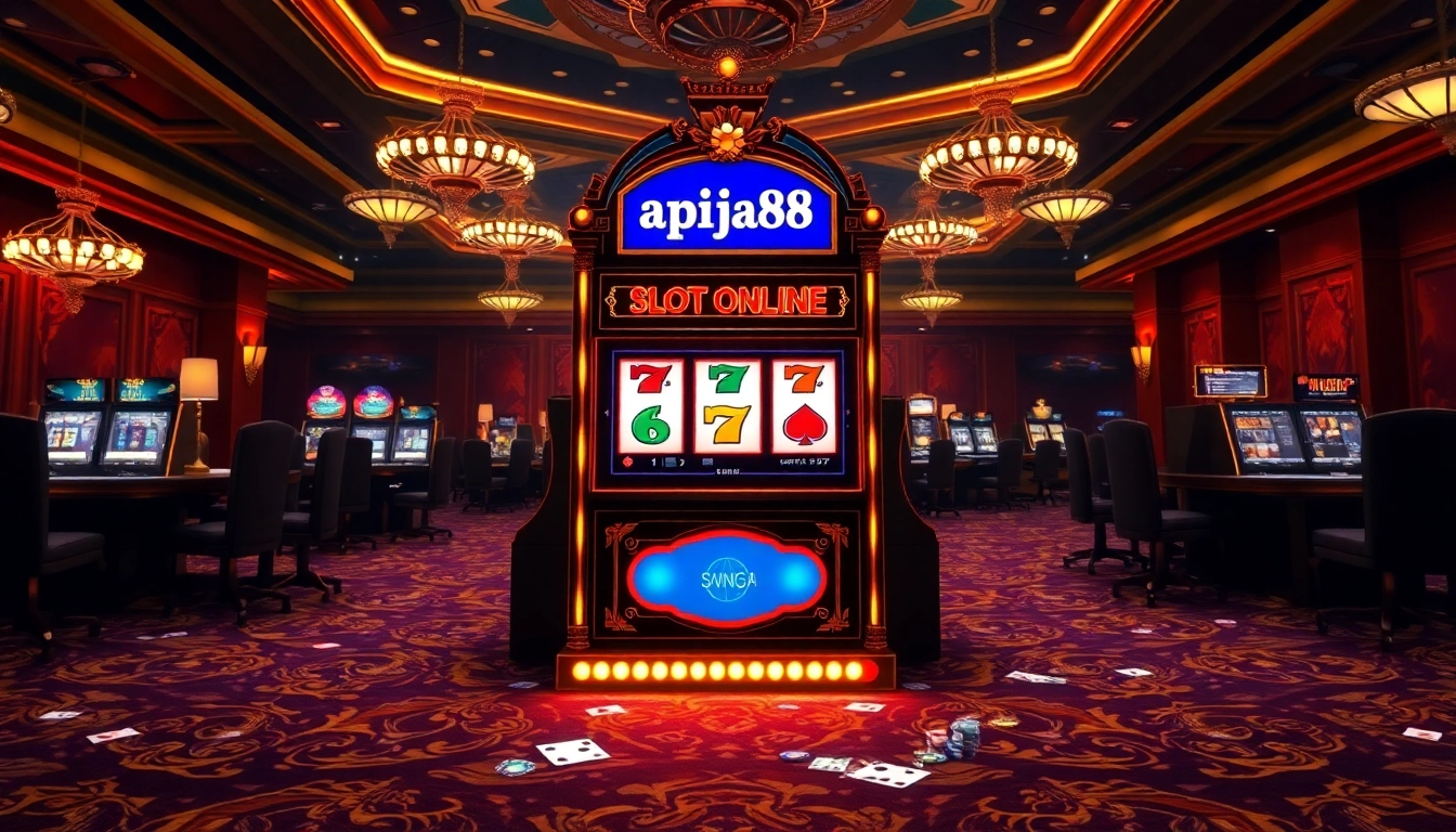 Engaging scene showcasing slot online apiraja88 machine in a luxurious casino environment with poker chips.